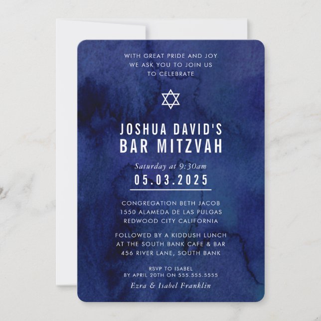 BAR MITZVAH Moderne, trendige, dunkelblaue Aquarel Einladung (Vorderseite)