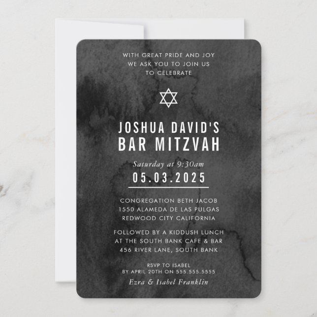 BAR MITZVAH Moderne trendige Moody Black Water Col Einladung (Vorderseite)