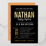 BAR MITZVAH Moderner, fettfreier Block schwarz ora Folieneinladung<br><div class="desc">von kat massard >>> WWW.SIMPLYSWEETPAPERIE.COM << - - - - - - - - - - - Mit echten goldglänzenden Folienelementen! KONTAKTIEREN SIE MICH, um zu helfen, Ihren Typ perfekt Liebe das Design, aber möchte einige Veränderungen sehen - ein anderes Farbschema, Produkt, ein Foto hinzufügen oder angepasst für einen anderen...</div>