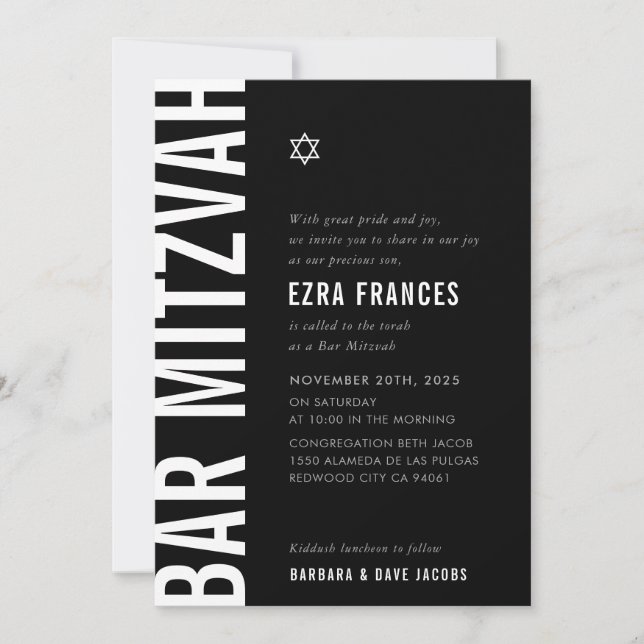 BAR MITZVAH Moderner Minimaler Junge Schwarz-weiß Einladung (Vorderseite)