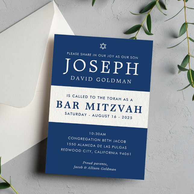 BAR MITZVAH moderner, minimalistischer Marineblau Einladung (Von Creator hochgeladen)
