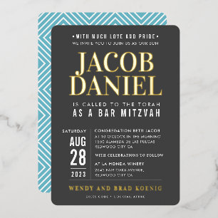 BAR MITZVAH Moderner Minimaljunge grau aqua blau Folieneinladung