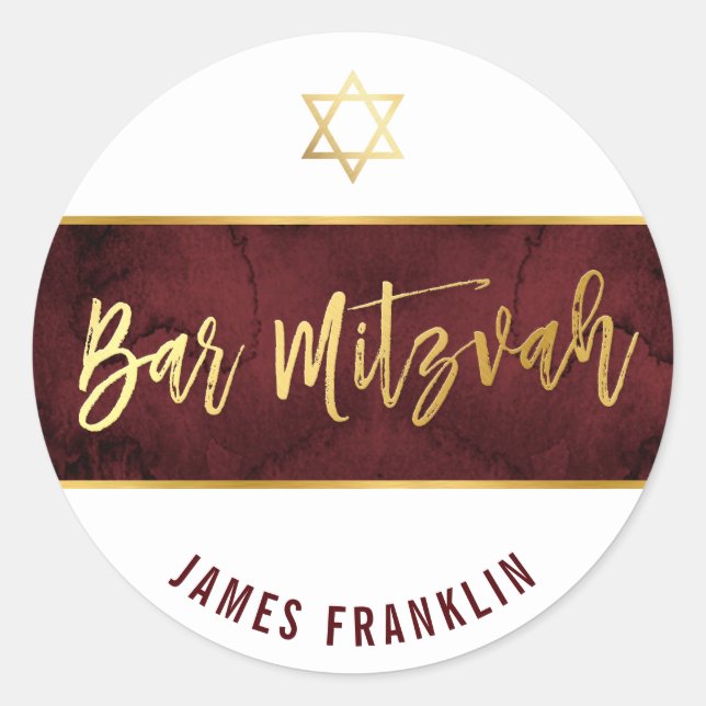 BAR MITZVAH moderner Rotmaroon-Aquarellgoldtyp Runder Aufkleber (Vorderseite)