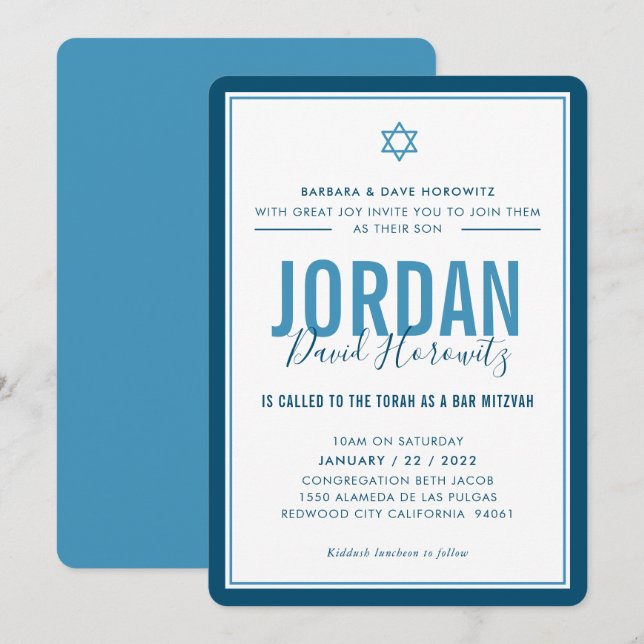 BAR MITZVAH Moderner Star Junge Denim Blau Einladung (Vorne/Hinten)