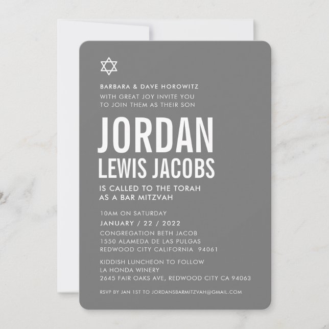 BAR MITZVAH Moderner Star Junge grau Einladung (Vorderseite)