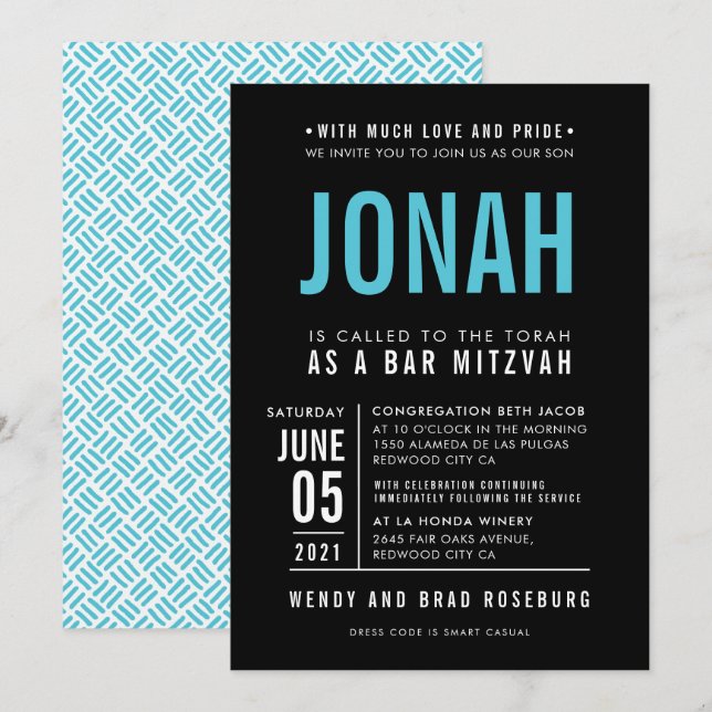 BAR MITZVAH Modernes, fett gefaltes Blocktyp schwa Einladung (Vorne/Hinten)