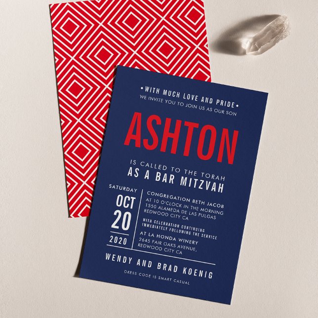 BAR MITZVAH Modernes, fett gefaltetes Blockmarineb Einladung (Von Creator hochgeladen)