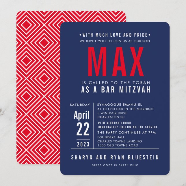 BAR MITZVAH Modernes, fett gefaltetes Blockmarineb Einladung (Vorne/Hinten)