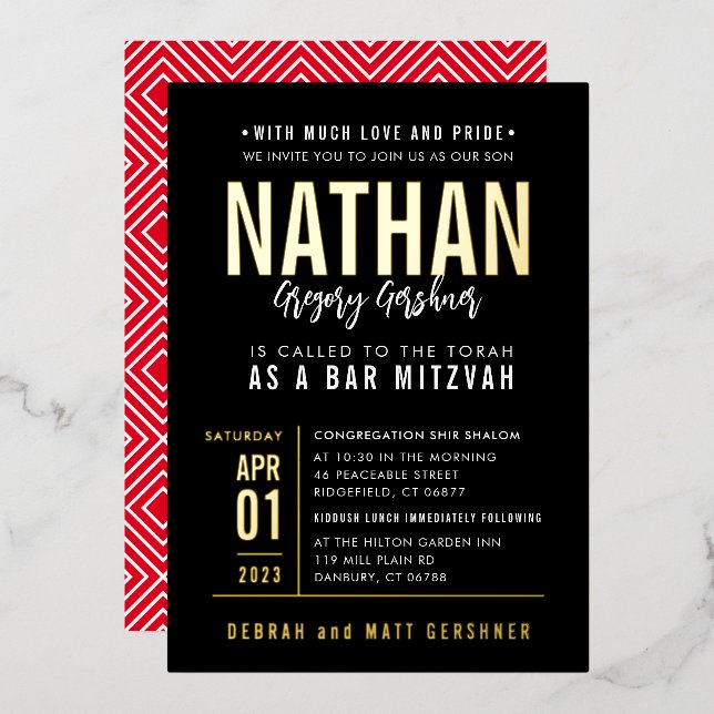 BAR MITZVAH Modernes, fettfreies, schwarzes Gold Folieneinladung (Vorderseite/Rückseite)