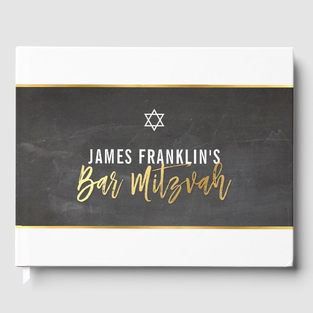 BAR MITZVAH Modernes Grauschalkpappgoldschreiben Gästebuch (Vorderseite)