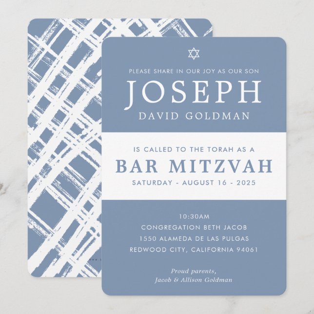 BAR MITZVAH Modernes, minimalistisches, blaues Wei Einladung (Vorne/Hinten)