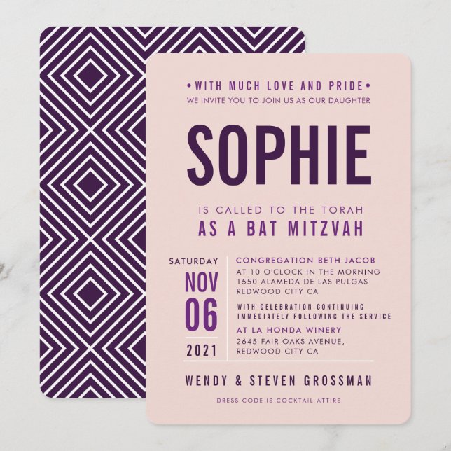 BAR MITZVAH Modernes, schicke Auberginen-Rosa Einladung (Vorne/Hinten)