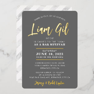 BAR MITZVAH Modernes, stilvolles Kalligraphie-Grau Folieneinladung