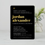 BAR MITZVAH Modernes, trendiges Schwarzes Gold Folieneinladung<br><div class="desc">durch kat massard Moderne Einladung mit "glänzender Goldfolie" für die MITZVAH Kinderfeier. Einfach die Vorlage selbst aktualisieren E-Mail-Adresse für passende Elemente und alternative Farbschemas - kat@simplysweetpaperie.com</div>