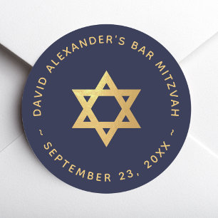 Bar Mitzvah Navy Blau Faux Goldfolie Stern Davids Runder Aufkleber