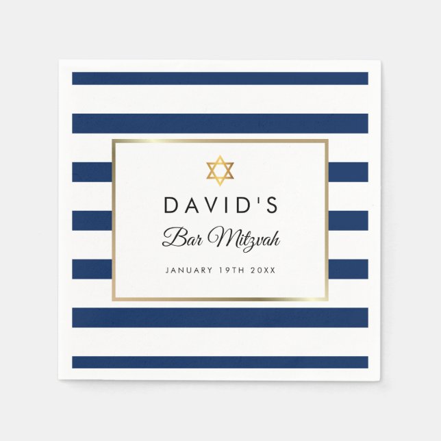 Bar Mitzvah Navy Blauer Streifen Gold Serviette (Vorderseite)