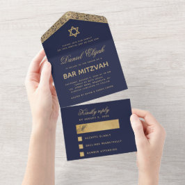 Bar Mitzvah Navy Blue Gold Elegantes Script Vintag All In One Einladung