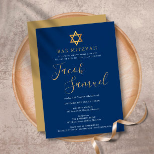 Bar Mitzvah Navy Blue Gold Script Einladung