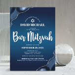Bar Mitzvah Navy Blue Ombre Agate Modernes Skript Einladung<br><div class="desc">Seien Sie stolz, freuen Sie sich und präsentieren Sie diesen Meilenstein Ihres Lieblings-Bar Mitzvah! Versenden Sie diese coole, einzigartige, moderne, personalisierte Einladung für eine Veranstaltung, an die Sie sich erinnern können. Die Typografie der weißen Schrift und der Star of David überlagern einen tiefmarineblau ombre Hintergrund mit Stahlblau-Age mit silbernen Imitaten...</div>
