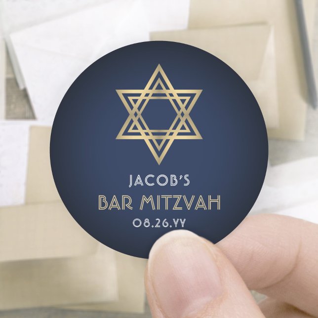Bar Mitzvah Navy Blue White & Gold Star von David Runder Aufkleber (Von Creator hochgeladen)