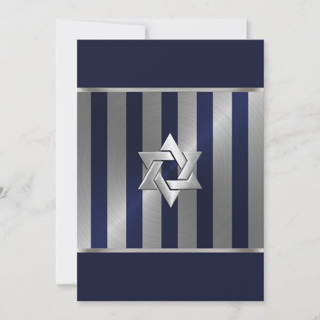 Bar Mitzvah Navy und Silver Stripe Star von David Einladung (Vorderseite)