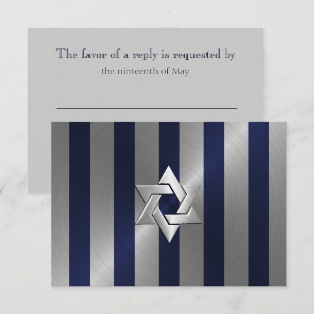 Bar Mitzvah Navy und Silver Stripe Star von David RSVP Karte (Vorne/Hinten)