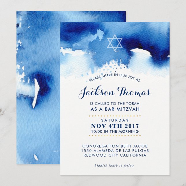 BAR MITZVAH or élégant bleu aquarelle invitation (Devant / Derrière)