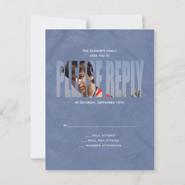 Bar Mitzvah Photo RSVP Reply Card en bleu (Devant)