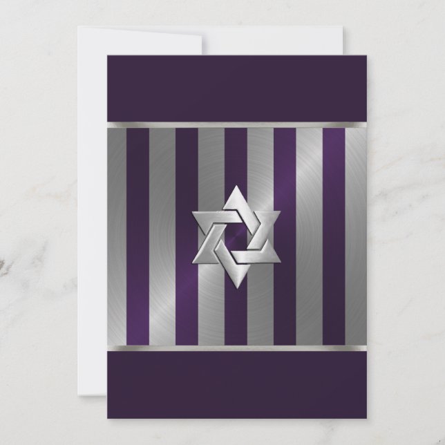Bar Mitzvah Plum und Silver Stripe Star von David Einladung (Vorderseite)