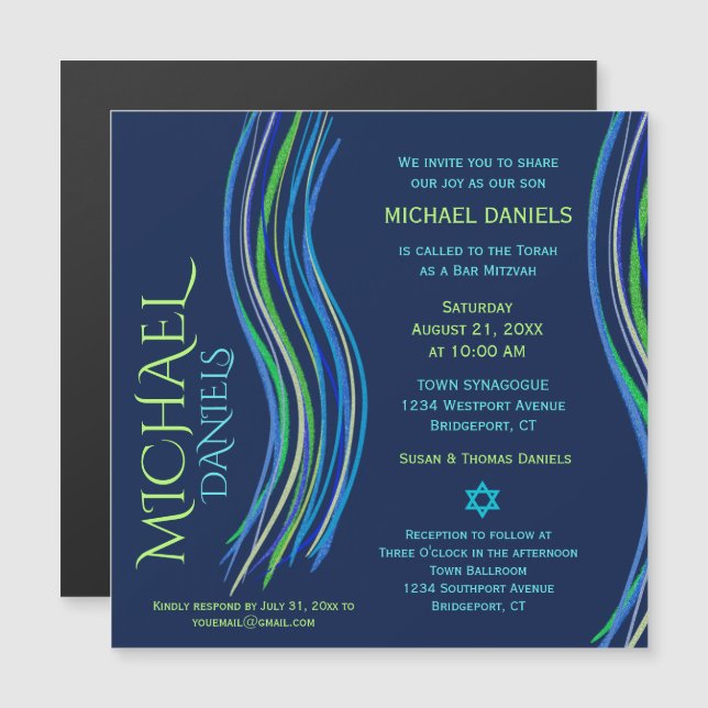 Bar Mitzvah Prière bleue et verte Shawl Invitation (Devant / Derrière)