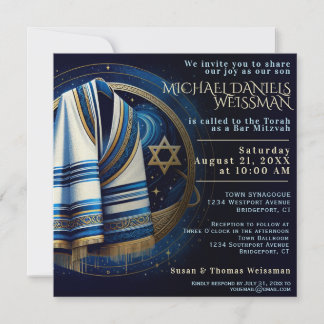 Bar Mitzvah Prière Shawl Stars Invitation