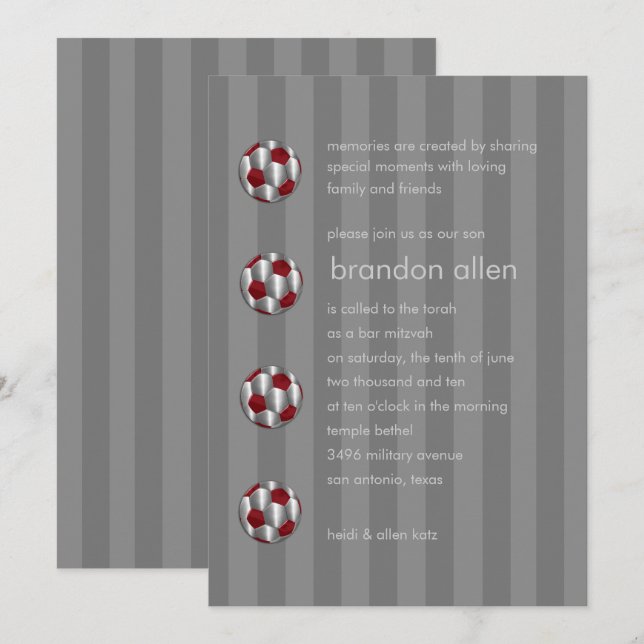 Bar Mitzvah Red und Silver Soccer Ball Einladung (Vorne/Hinten)
