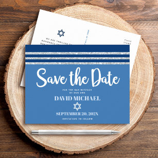 Bar Mitzvah Rettete Date Blue Silver Tallit Script Einladungspostkarte