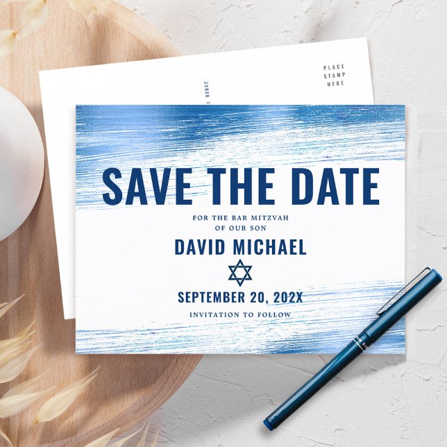 Bar Mitzvah Rettete Date Navy Typografie Blue Foil Einladungspostkarte (Von Creator hochgeladen)