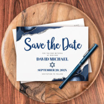 Bar Mitzvah Save the Date Navy Blue Agate Script