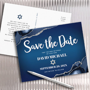 Bar Mitzvah Save the Date Navy Ombre Agate Script Einladungspostkarte