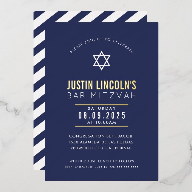 BAR MITZVAH schlichter Stern Moderner Minimalblau Folieneinladung (Vorderseite/Rückseite)