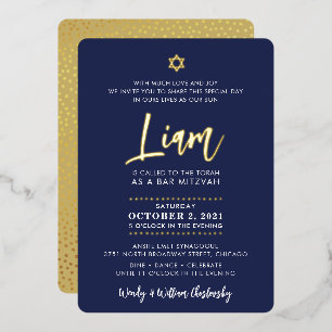 BAR MITZVAH Schriftzug Gold Navyblau Folieneinladung