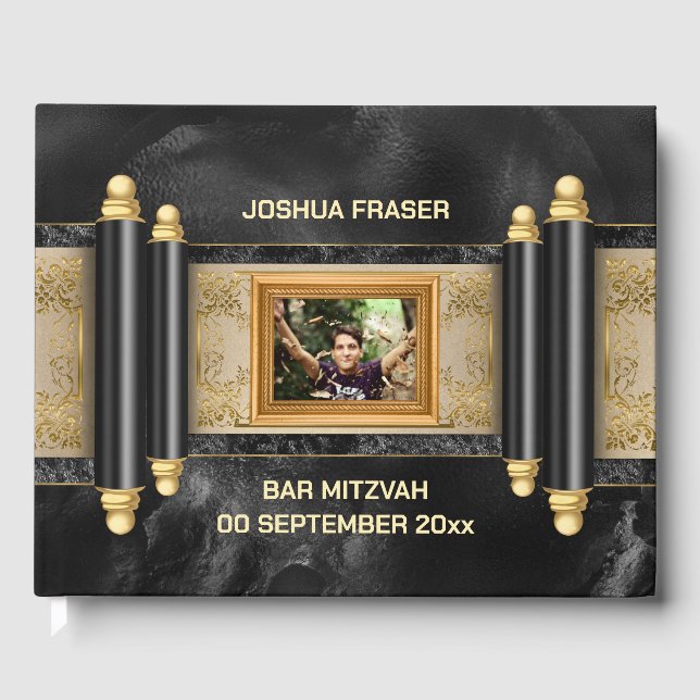 Bar mitzvah schwarzer Marmor Goldrolle Jungs Foto Gästebuch (Vorderseite)