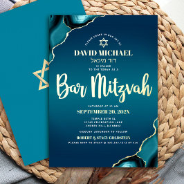 Bar Mitzvah Script Turquoise Ombre Agate Real Gold Folieneinladung