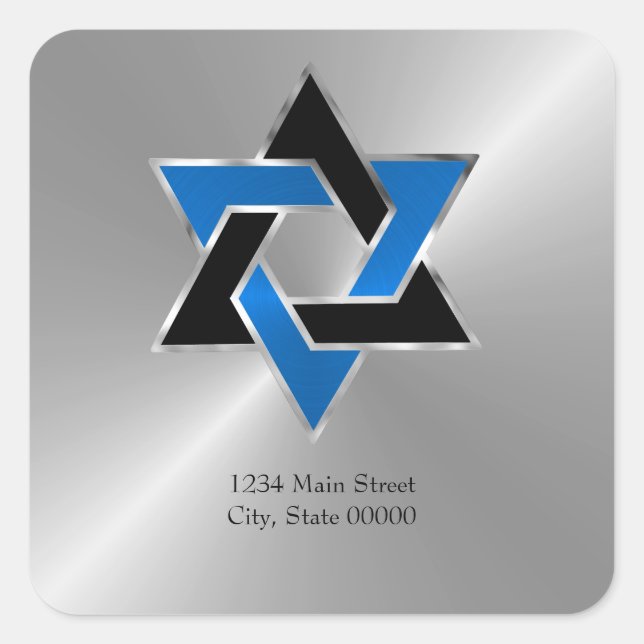 Bar Mitzvah Silver Blue Black Star Address Siegel Quadratischer Aufkleber (Vorderseite)
