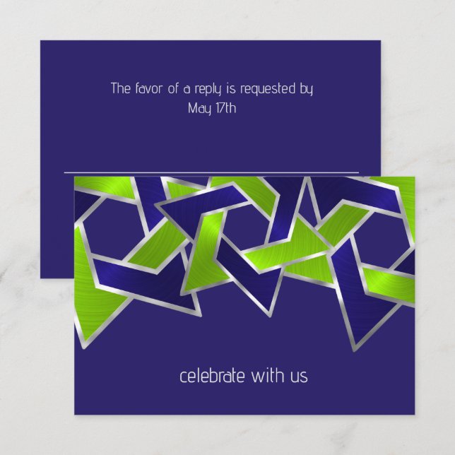 Bar Mitzvah Silver Blue Lime Green Star von David Einladung (Vorne/Hinten)