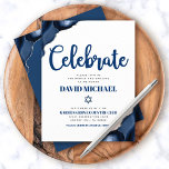 Bar Mitzvah Simple Navy Blue Agate Modernes Script Begleitkarte<br><div class="desc">Seien Sie stolz, freuen Sie sich und präsentieren Sie diesen Meilenstein Ihres Lieblings-Bar Mitzvah! Fügen Sie diese coole, einzigartige, moderne, personalisierte Einlage für zusätzliche Informationen zu Ihrer Veranstaltung ein. Navy Schrift Typografie und Star of David überlagern einfache, weiße Hintergrund mit Stahlblau-Age akzentriert mit Imitaten silbernen Adern. Personalisieren Sie den benutzerdefinierten...</div>