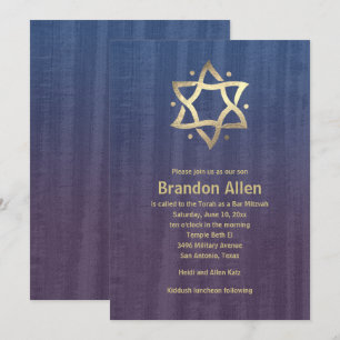 Bar Mitzvah Stainted Wood Blue Plum Gold Star Einladung