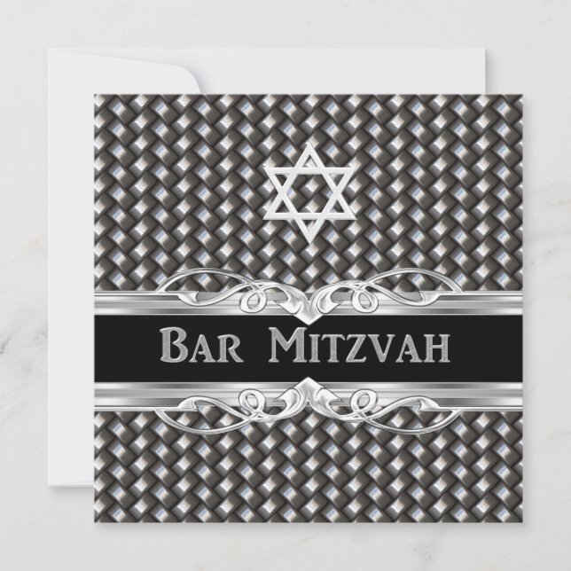 Bar Mitzvah Star Black Silver Metal männlicher Jun Einladung (Vorderseite)