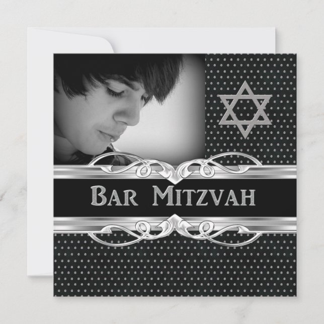 Bar Mitzvah Star Black Silver Metal Studs Einladung (Vorderseite)