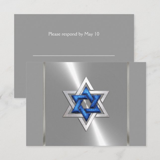 Bar Mitzvah Star von David Blue & Silver UAWG RSVP Karte (Vorne/Hinten)