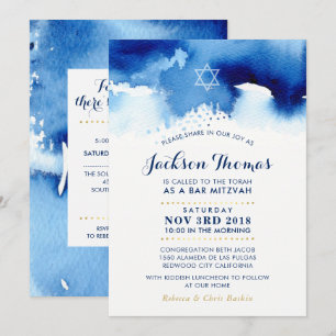 BAR MITZVAH Stern Modernblau Aquarell einladen Einladung