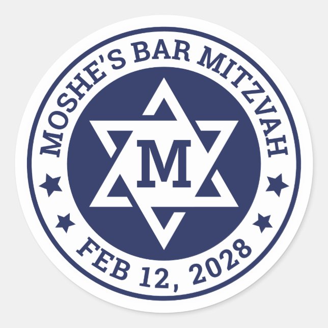 Bar mitzvah Stern von David blau jede Farbe Monogr Runder Aufkleber (Vorderseite)
