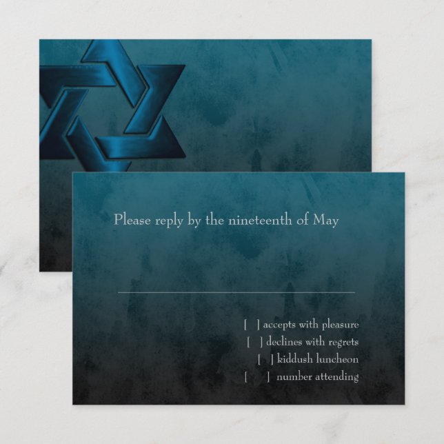 Bar Mitzvah Stylish Aquamarin Blue Star von David  RSVP Karte (Vorne/Hinten)